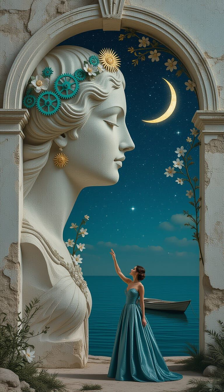 Surreal Stone Archway with Woman and Starry Sky
