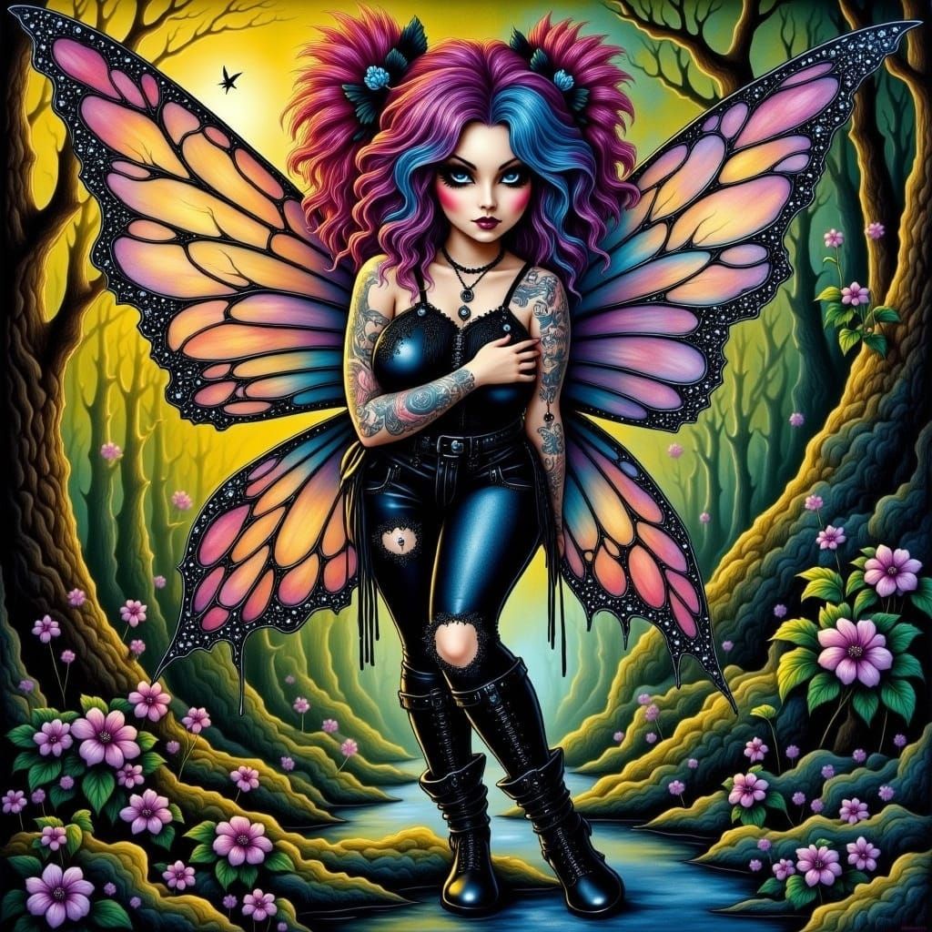 Curvy Fairy Portrait with Tattoos and Filigree Wings