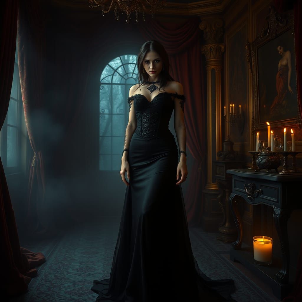 Mystical Woman in Ornate Chamber, Dark Surrealism