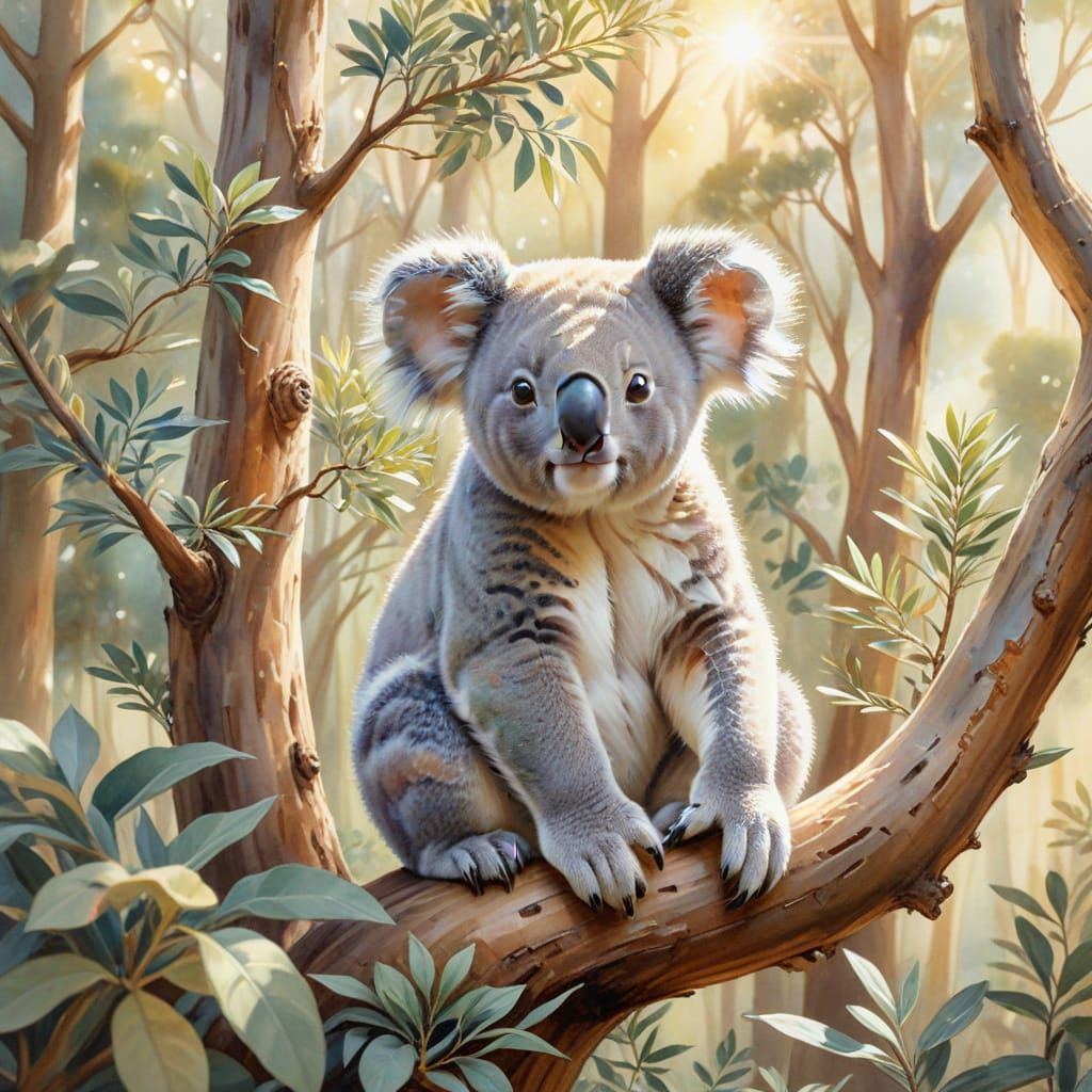 Whimsical Koala in Serene Forest of Delicate Bonsai Trees