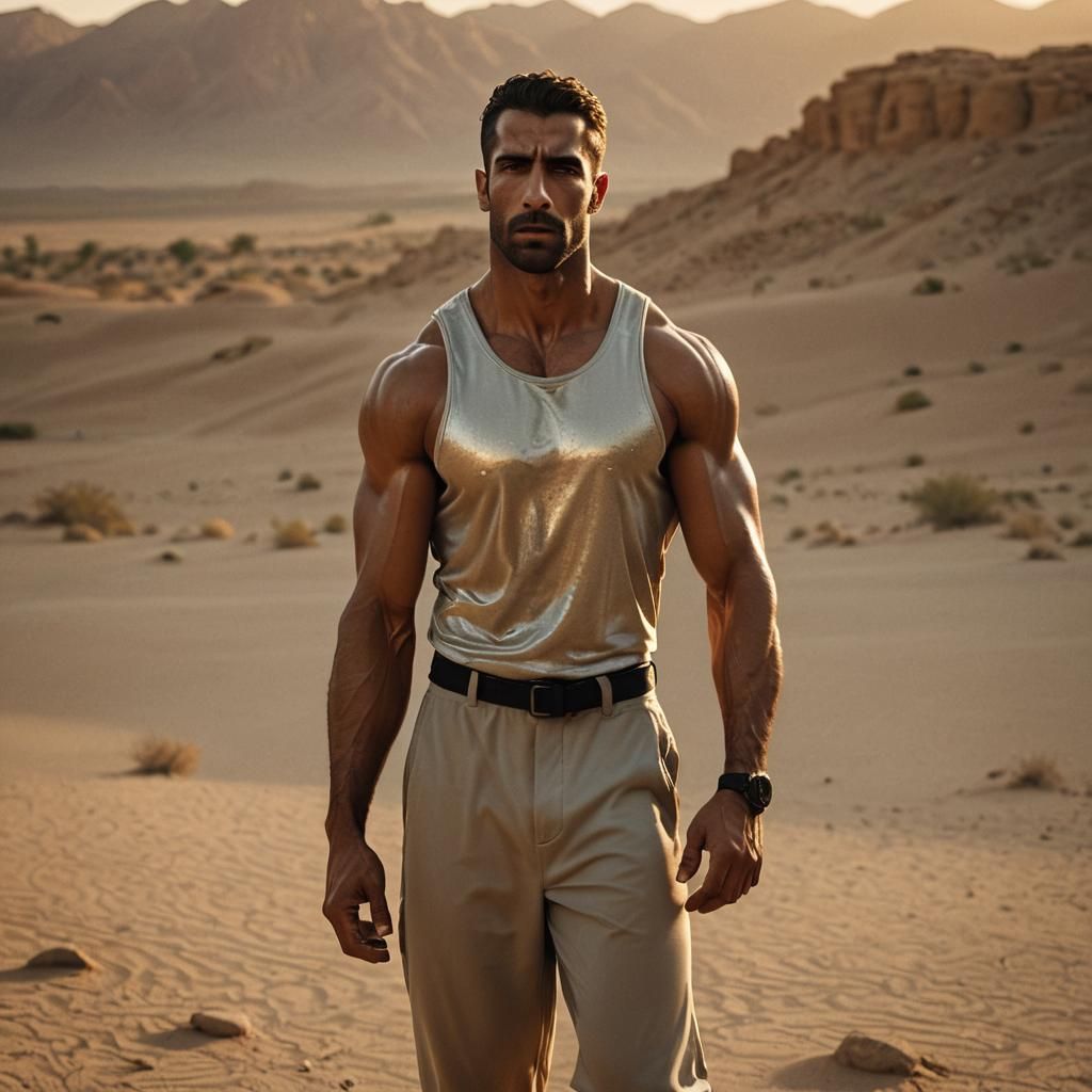 Victorious Arab Bodybuilder in Golden Hour Light