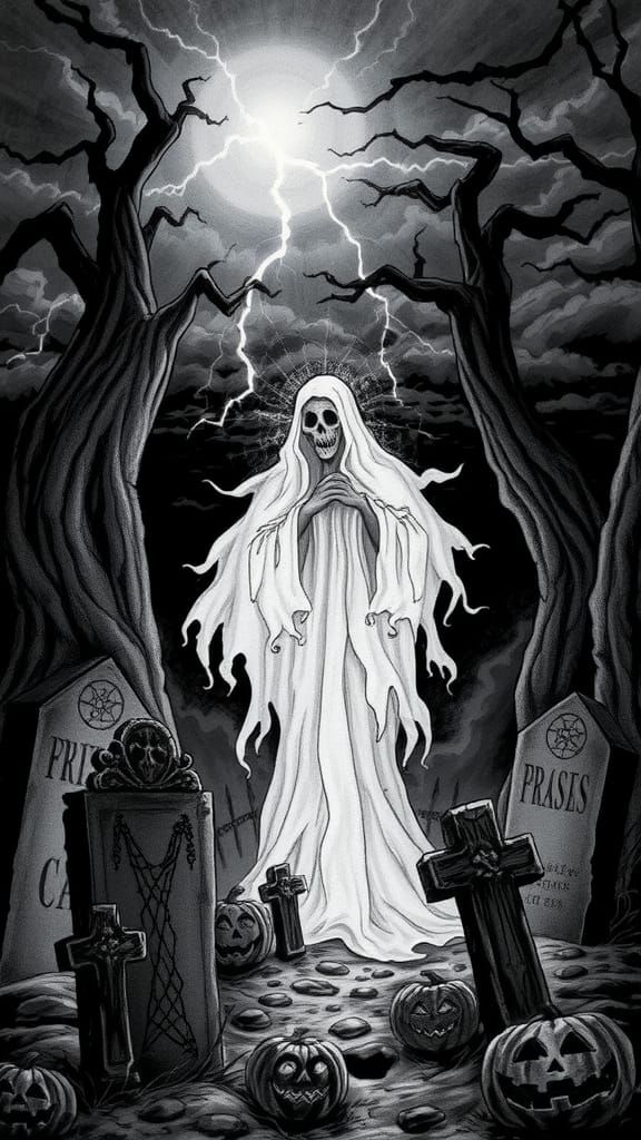 Eerie Halloween Ghost in Black and White Illustration
