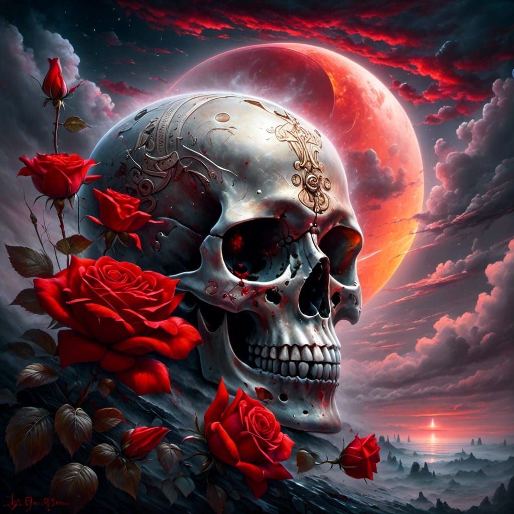 Surreal Skull and Moon Painting with Glowing Runes