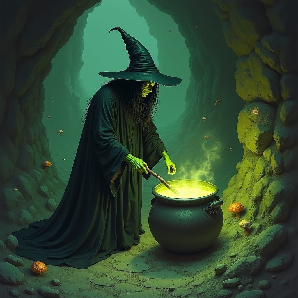 Mystical Green Witch Brews Potion in Cave