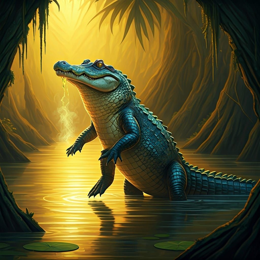 Alligator Smells Foot in Swamp, Futuristic Art Style