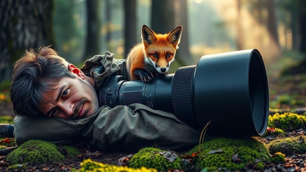 Wildlife Photographer Surrounded by Red Fox in Forest