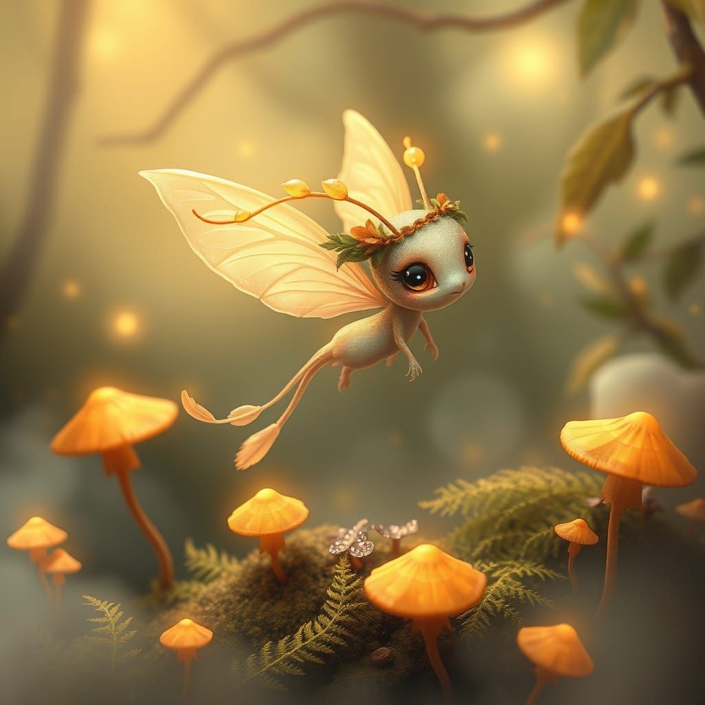 Whimsical Forest Sprite with Iridescent Wings and Golden Aur...