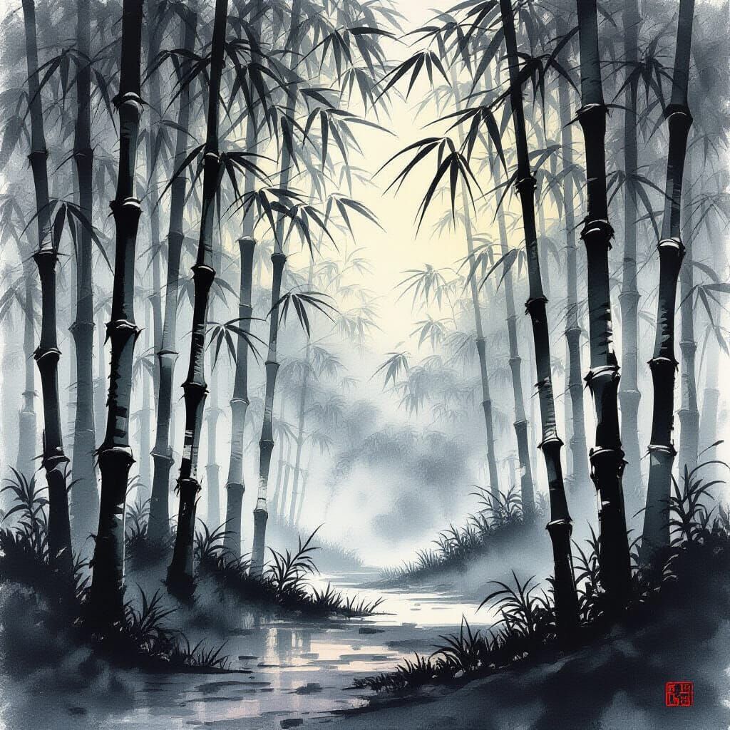 Sumi-e Bamboo Forest with Minimalist Strokes