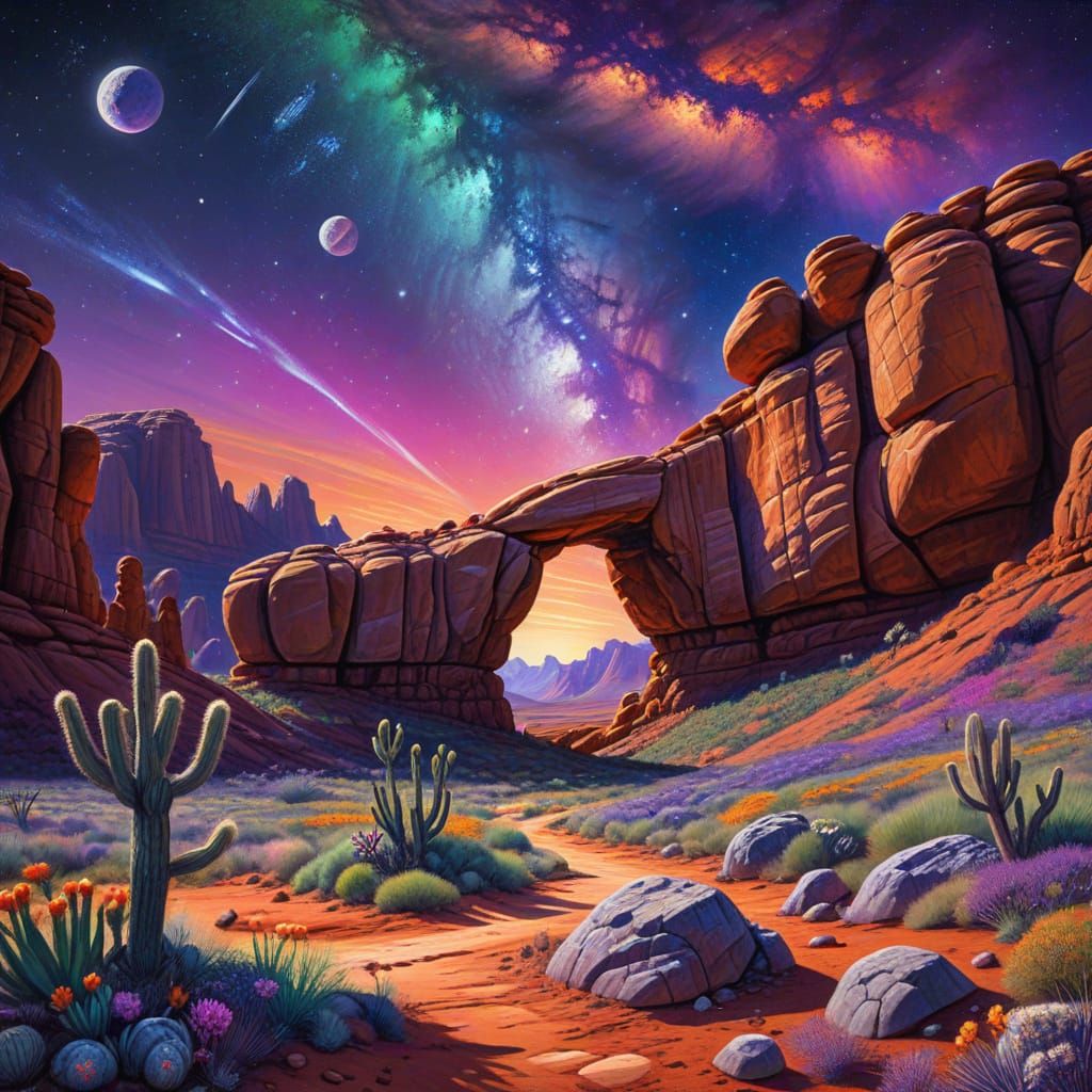 Alien Planet Rock Bridge with Desert Hares Crayon Sketch