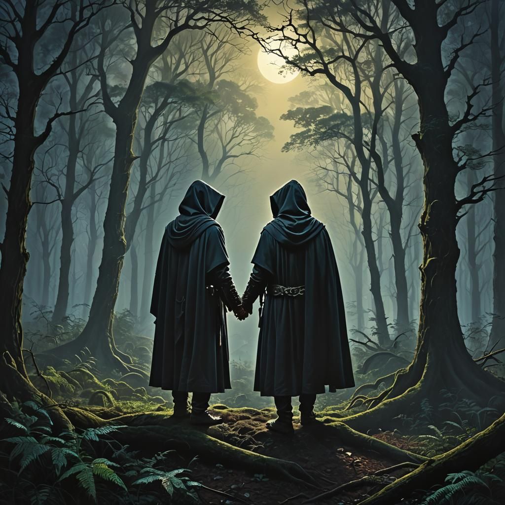 Mysterious Forest Meeting in Neo-Impressionistic Style