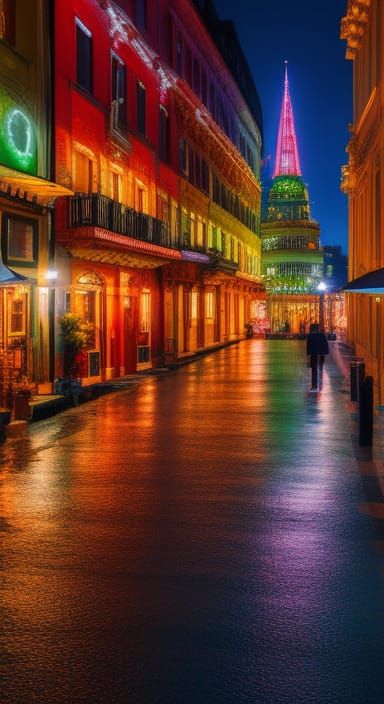 Lovers Embrace in Rainy Cityscape, Photorealistic Painting