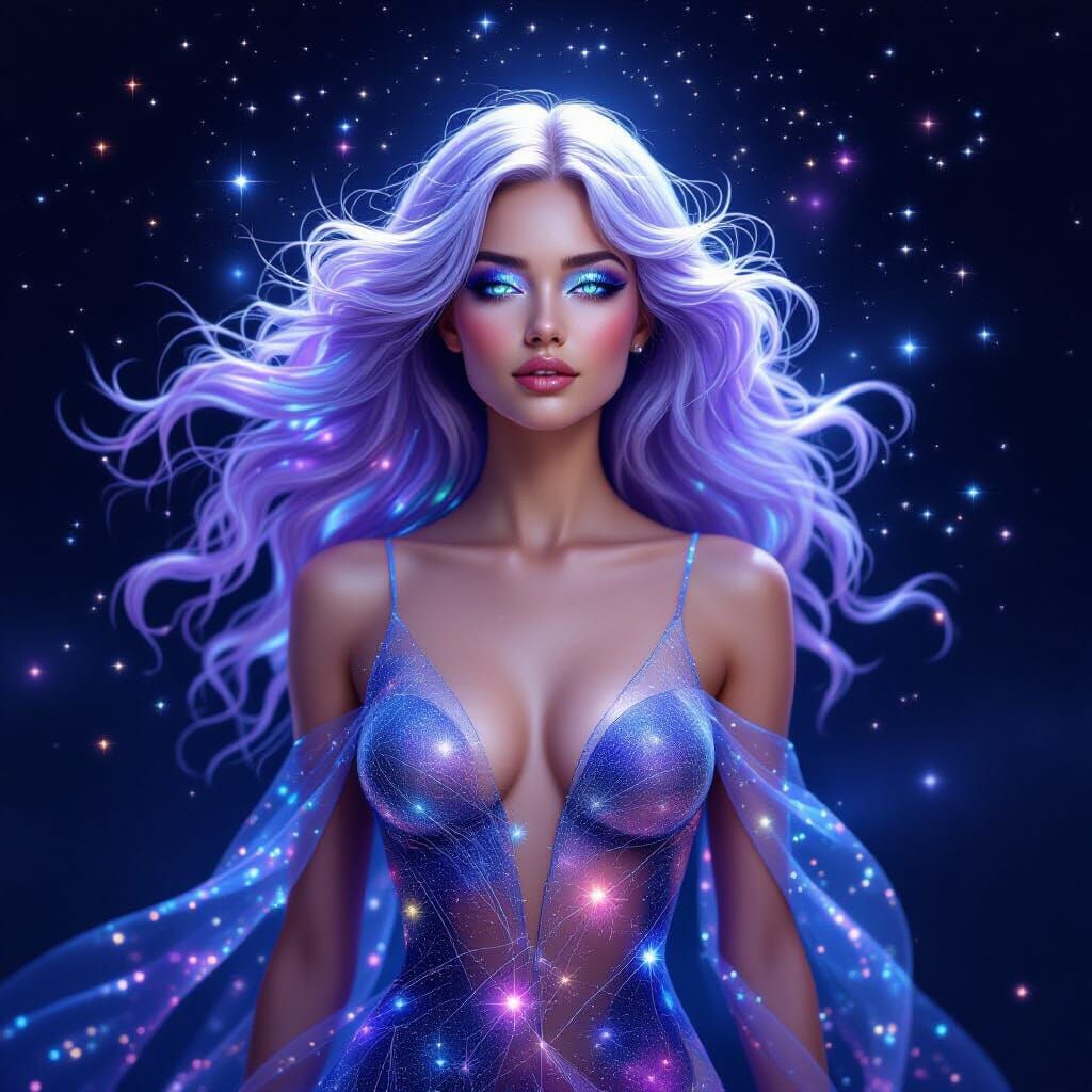Celestial Woman Woven from Starlight and Energy