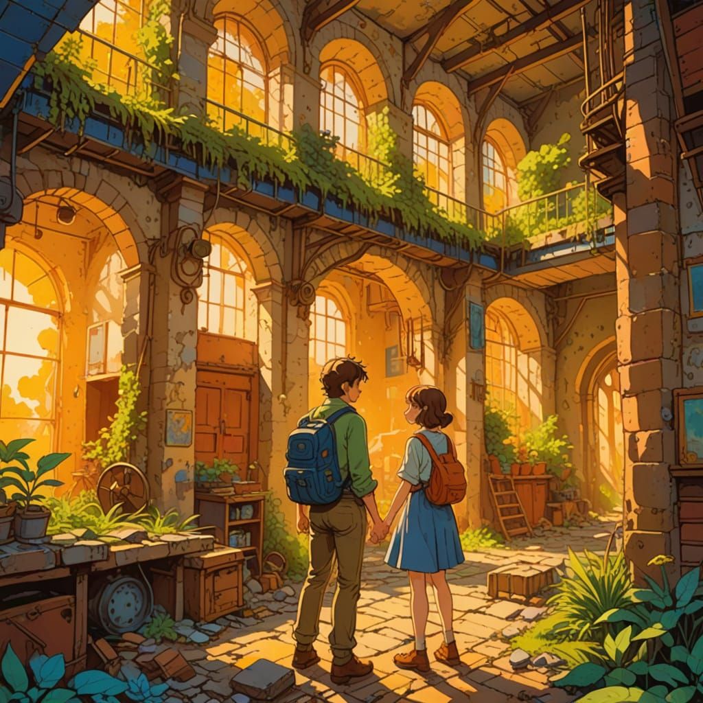 Exploring Abandoned Factory in Comic Book Watercolor Style