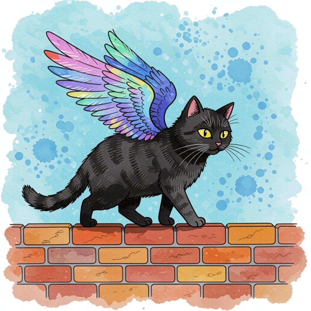 Winged Cat on Brick Fence in Watercolor Style