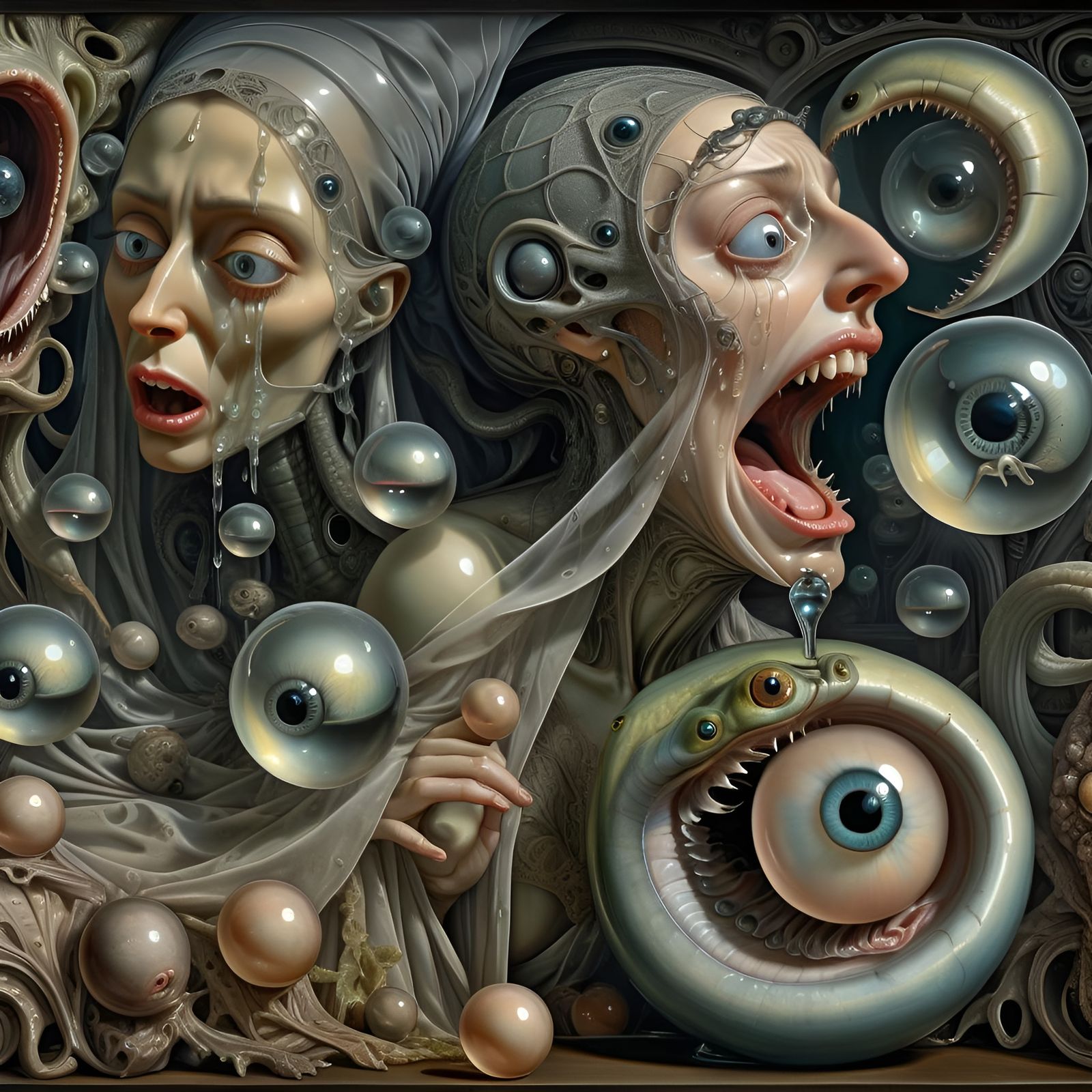 Surreal Woman with Eel Creature in Art Nouveau Style