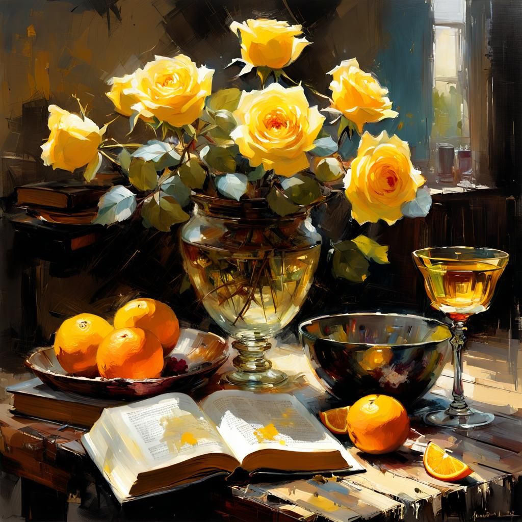 Vibrant Still Life of Roses and Oranges