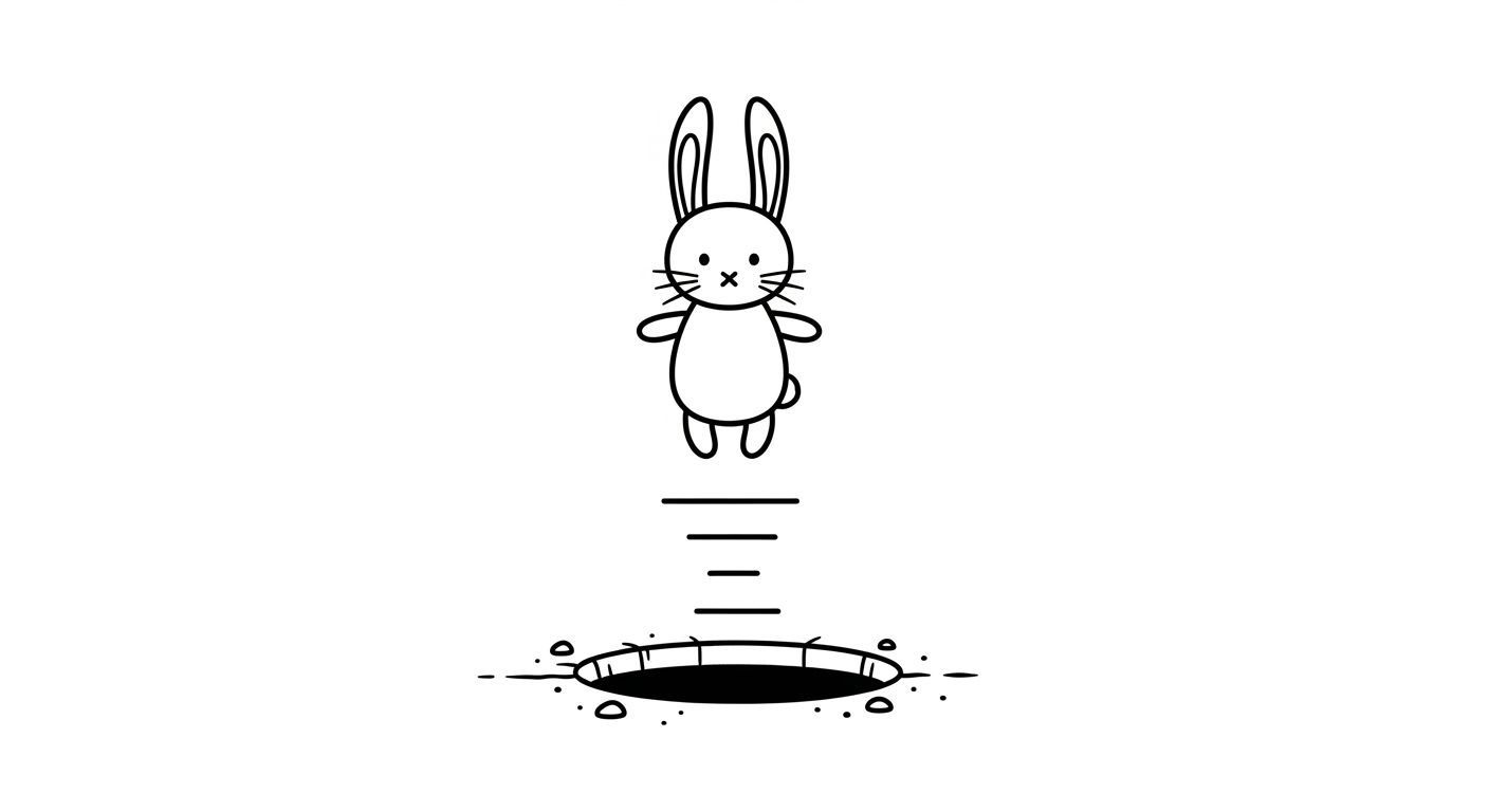 A line drawing of a cartoon rabbit jumping straight up out o...