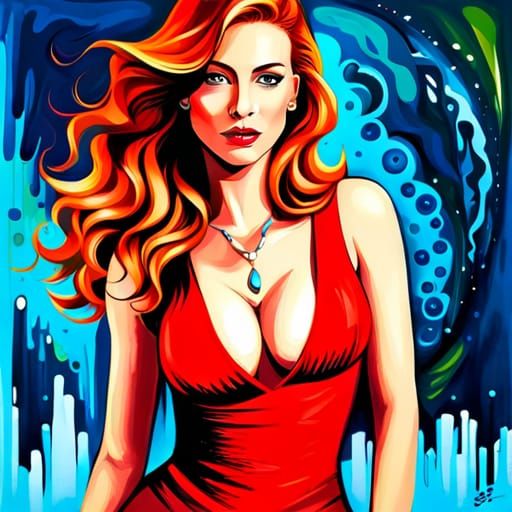 A beautiful petite redhead with a colourful splash art backg...