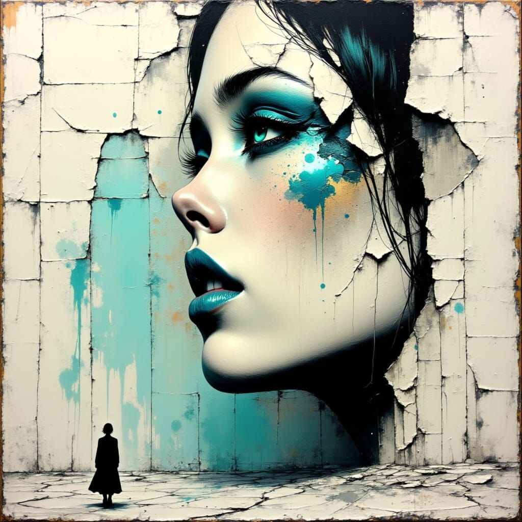 Fragmented Face Emerging from Wall as Impasto Painting