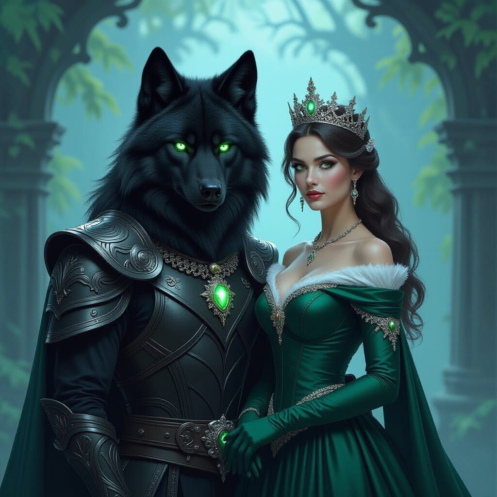 Muscular Black Wolf Guards Queen in Mystical Fantasy Realm