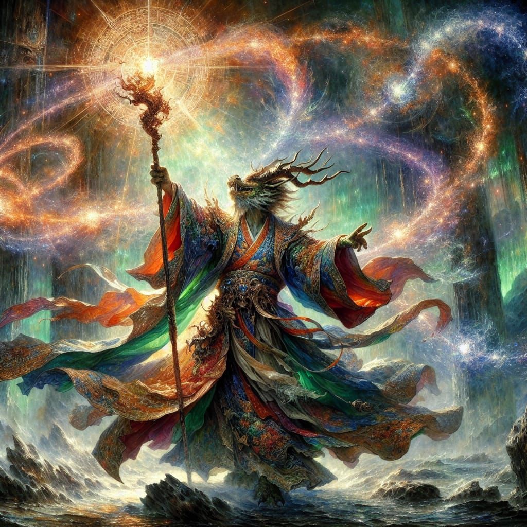 Dragon Wizard Casting Spell in Enchanted Forest