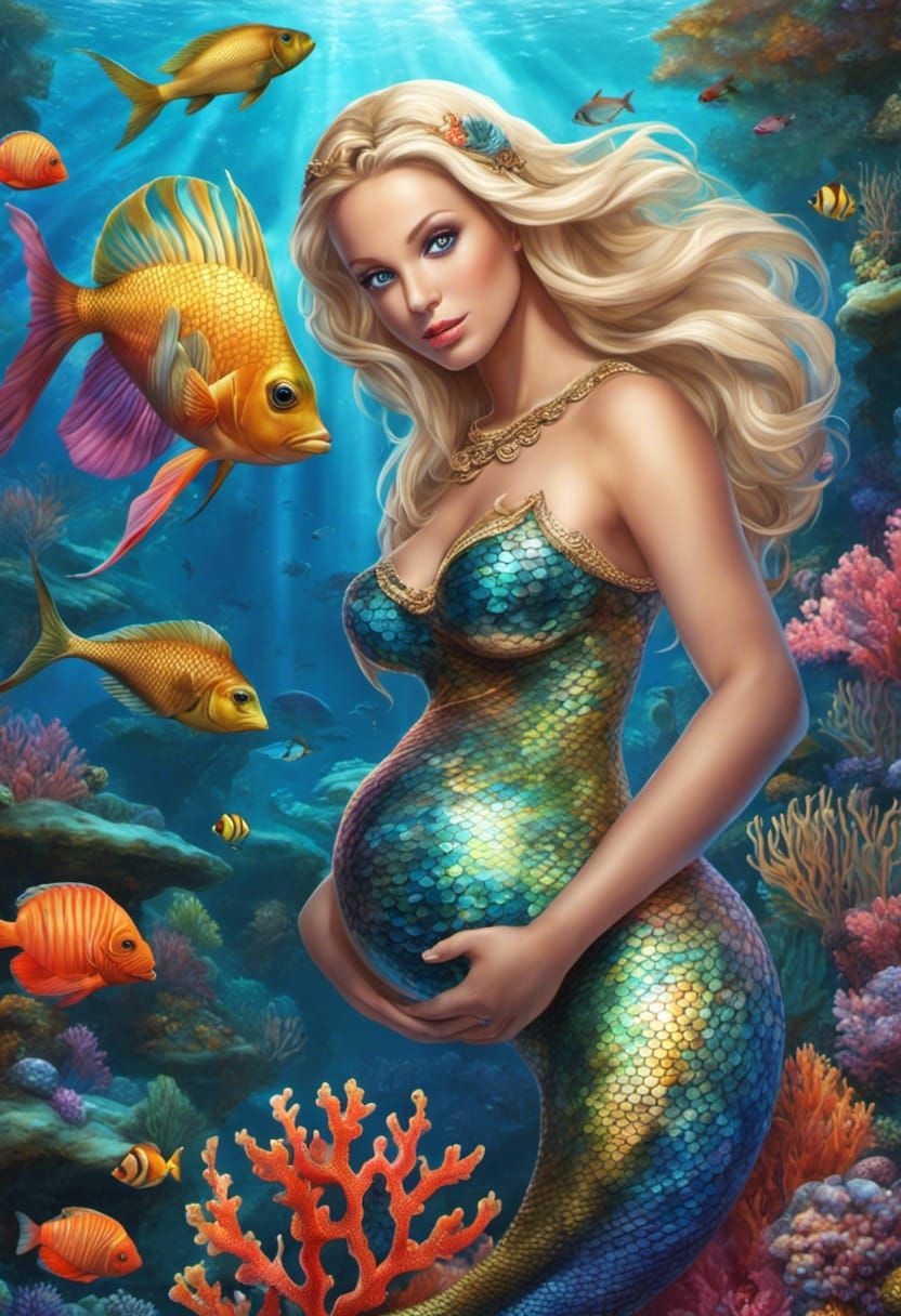 Lana the blonde mermaid is expecting soon and her fish friends have come for bump inspection