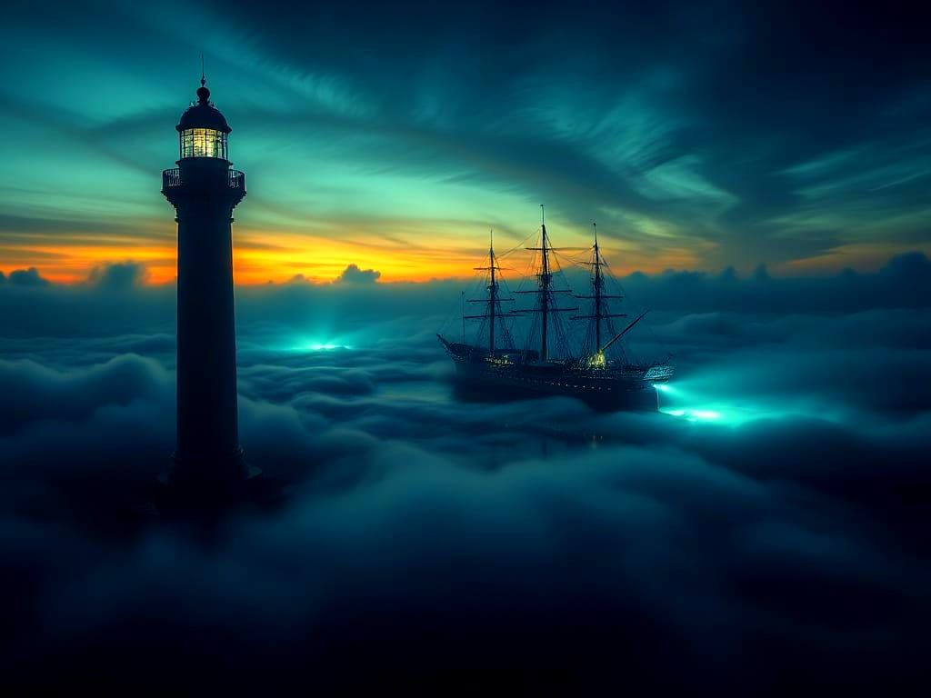 Art Deco Lighthouse in Bioluminescent Mist