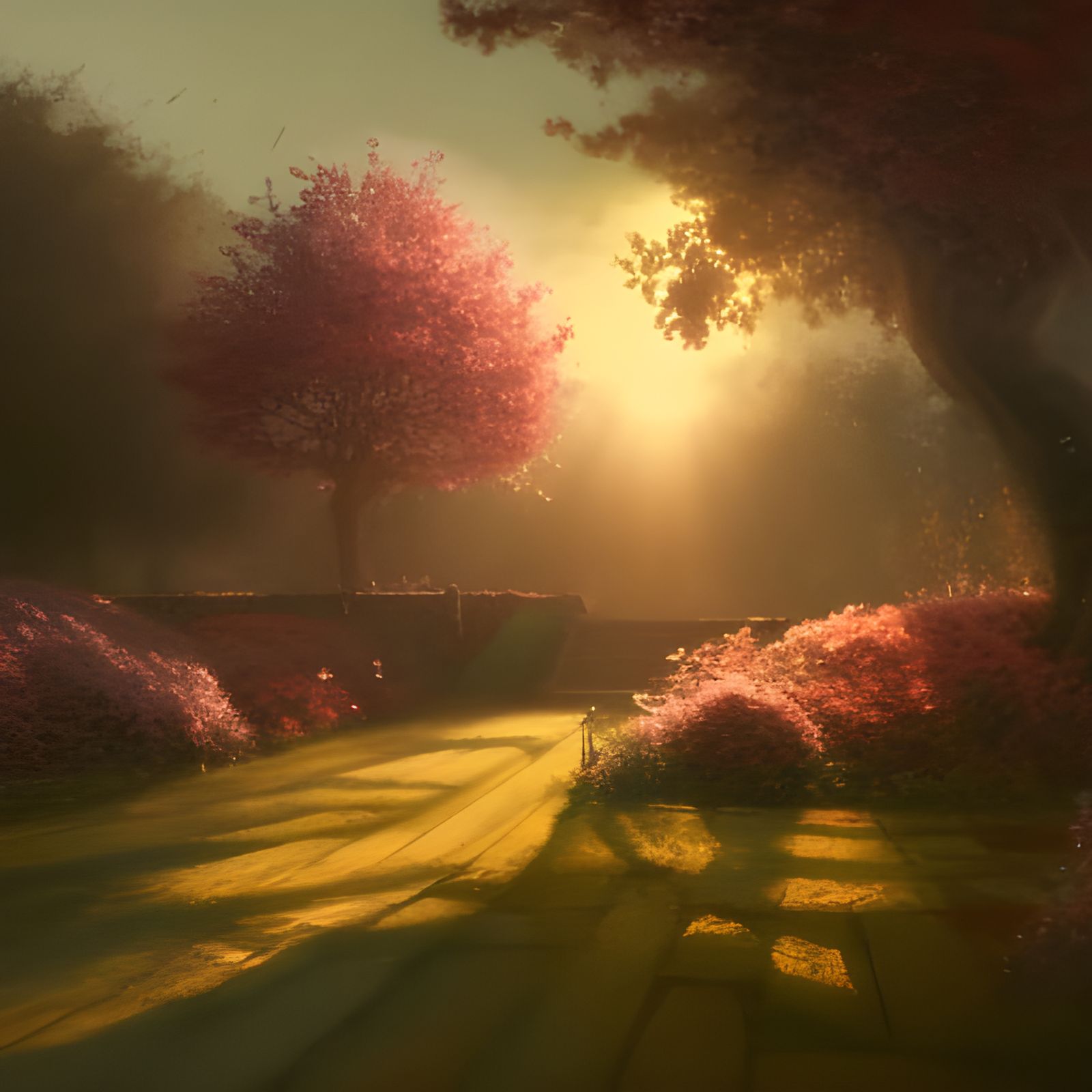 Glowing Cherry Tree Garden in Crayon Drawing Style