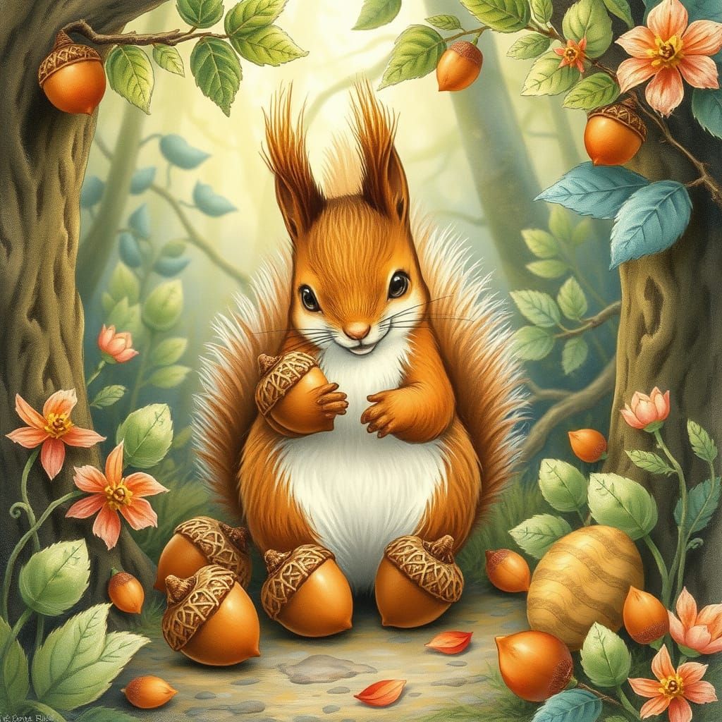 Squirrel and Acorns in Whimsical Forest
