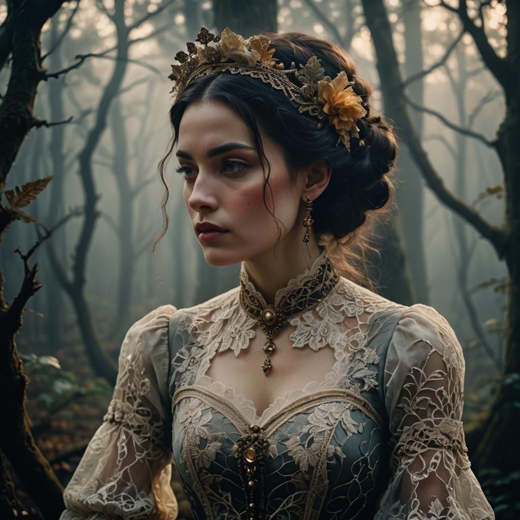 Woman in Misty Forest: Surrealist Romanticism