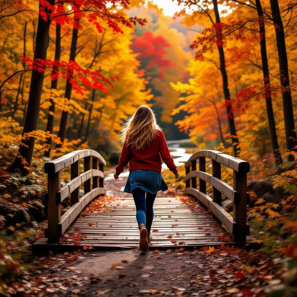 Woman Skipping on Log Bridge in Vibrant Autumn Forest