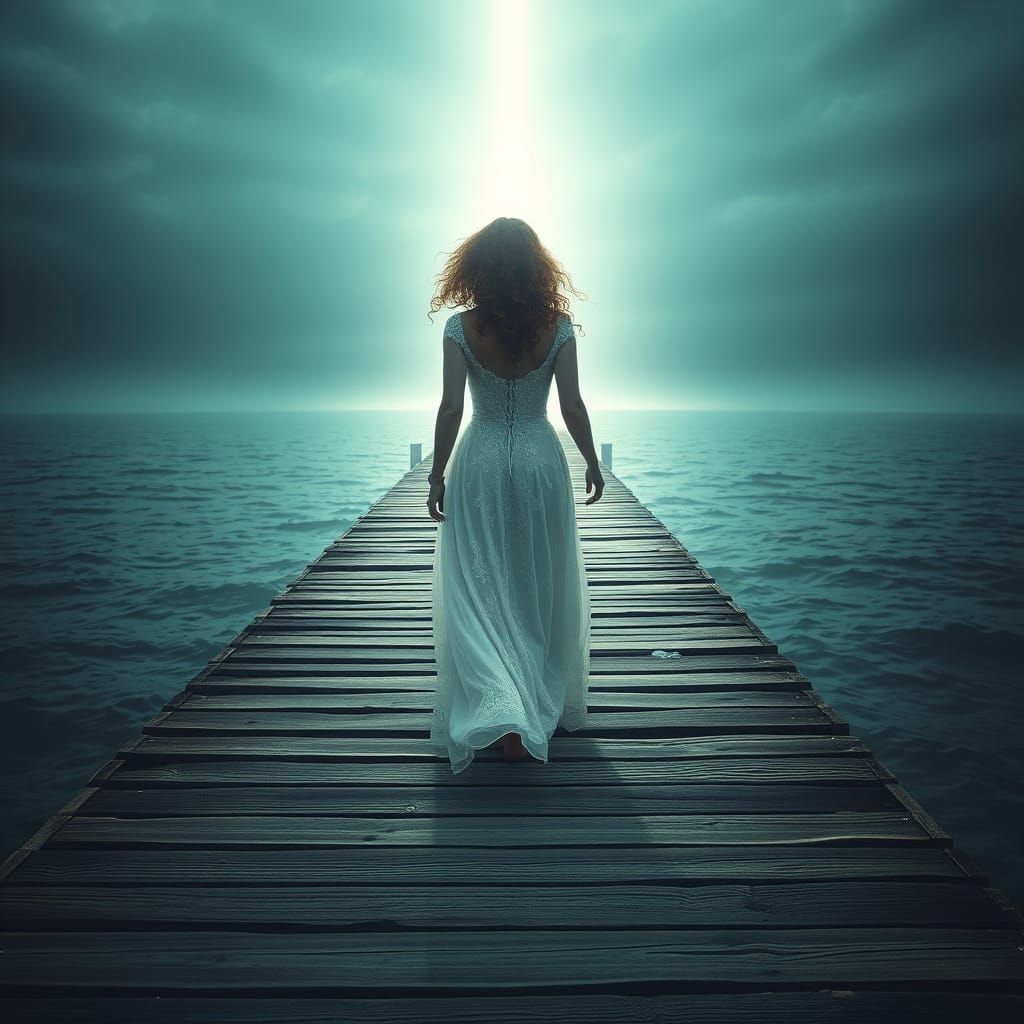 Woman Walks Towards Radiant Light Tunnel in the Afterlife