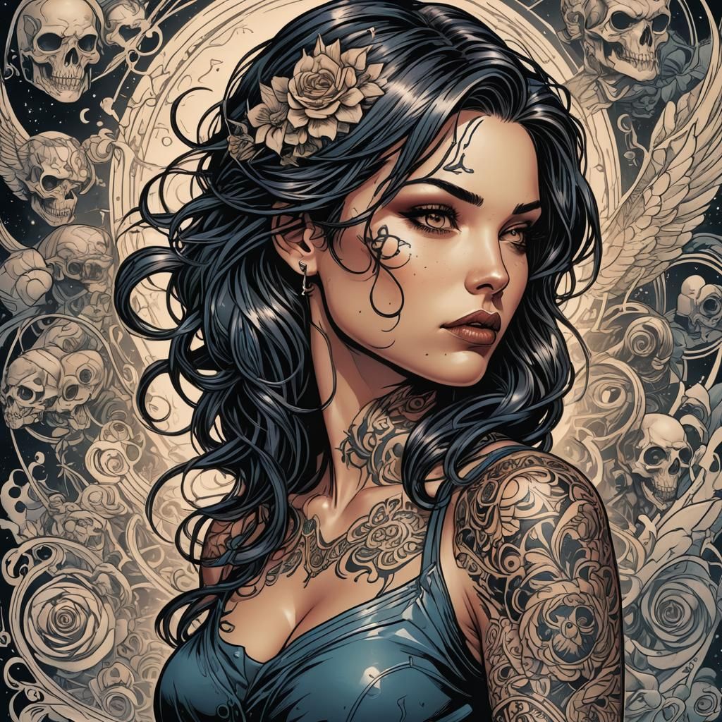 Tattooed Woman in Comic Book Art Style