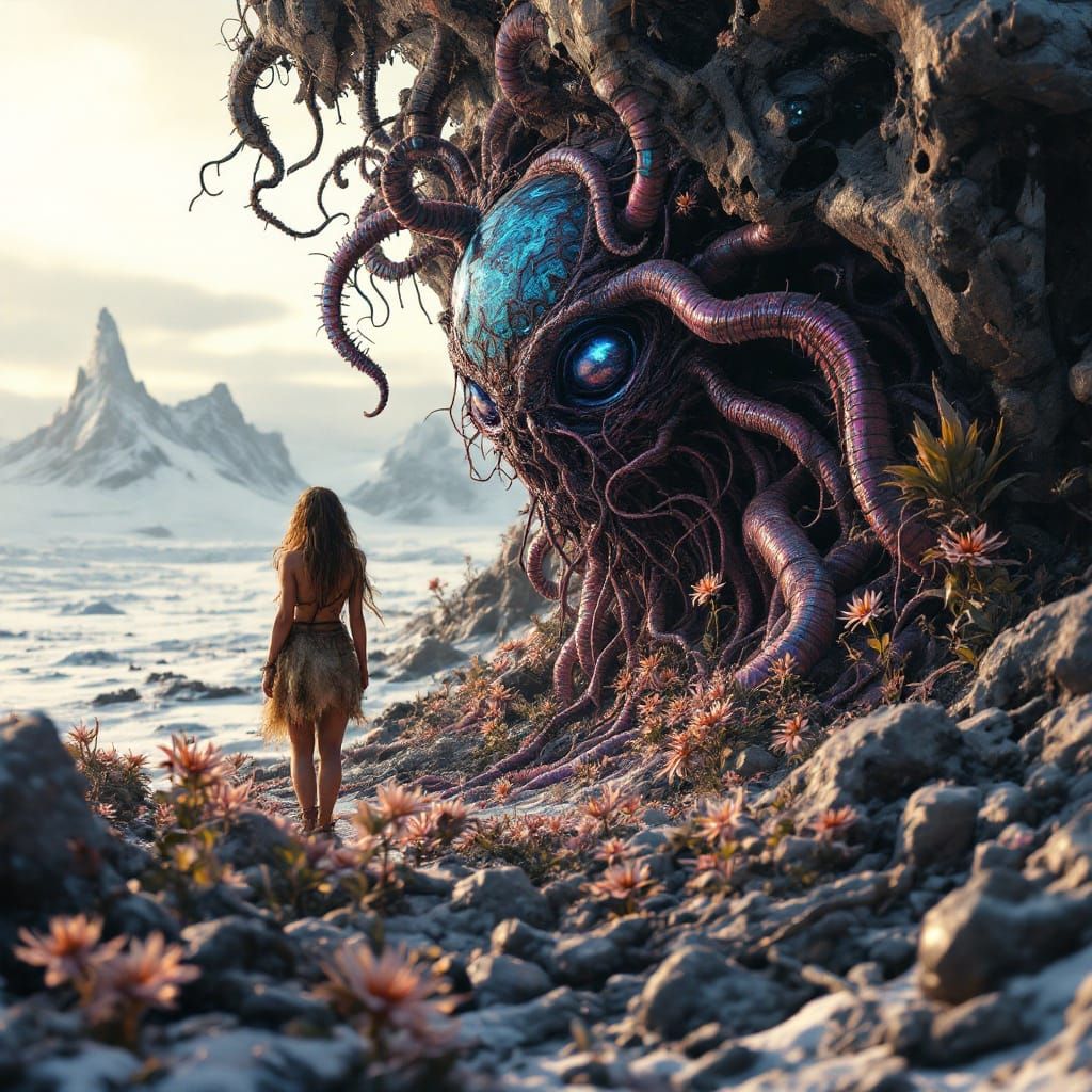 Prehistoric Cave Girl Contemplates Alien Landscape