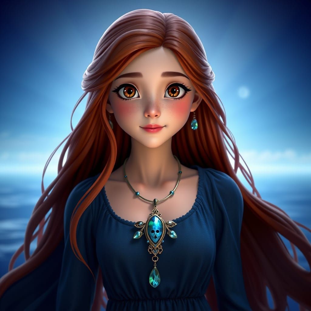 Mystical Sea Necklace on Girl in Pixar Style