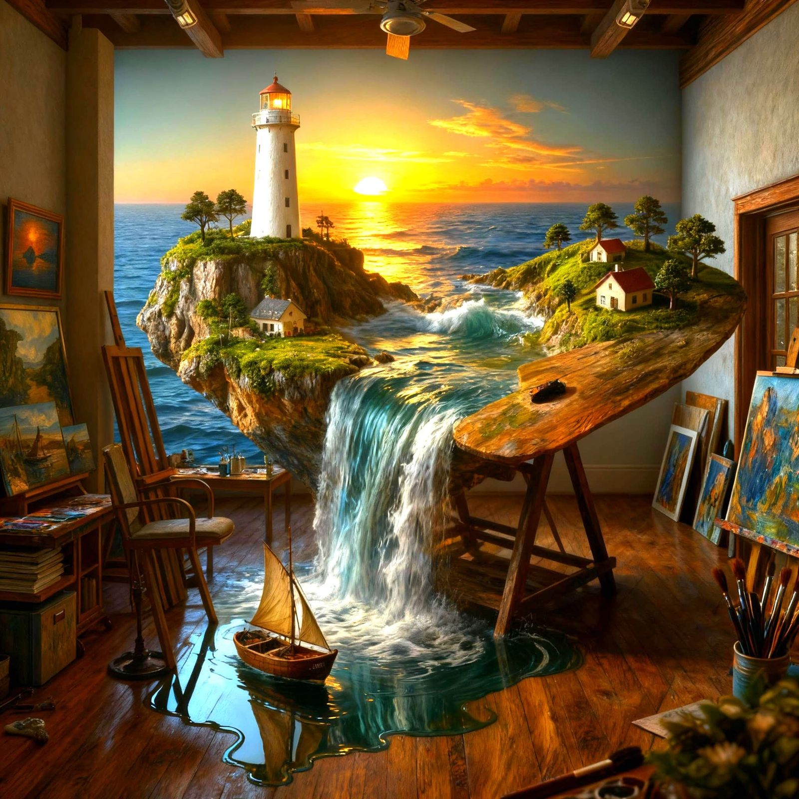 Hyperrealistic Floating Island Coastal Landscape with Artist...