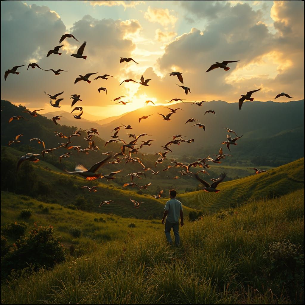 Tropical Valley Sunset with Birds in Flight