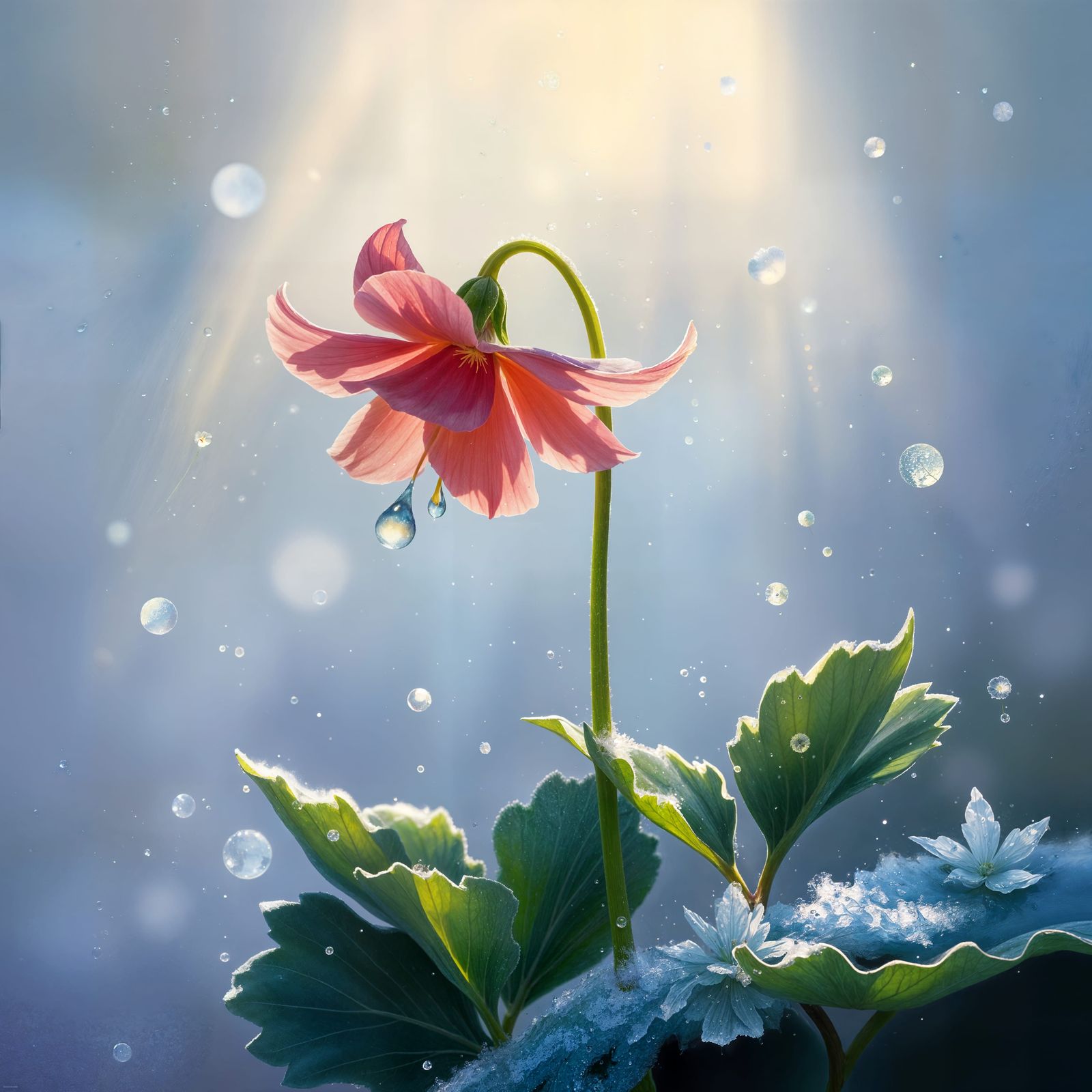 Glowing Purple Flower Oil Painting with Raindrops