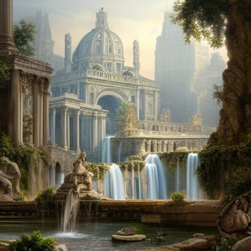 Roman Marble Fort-City with Waterfalls, Photorealistic 8K