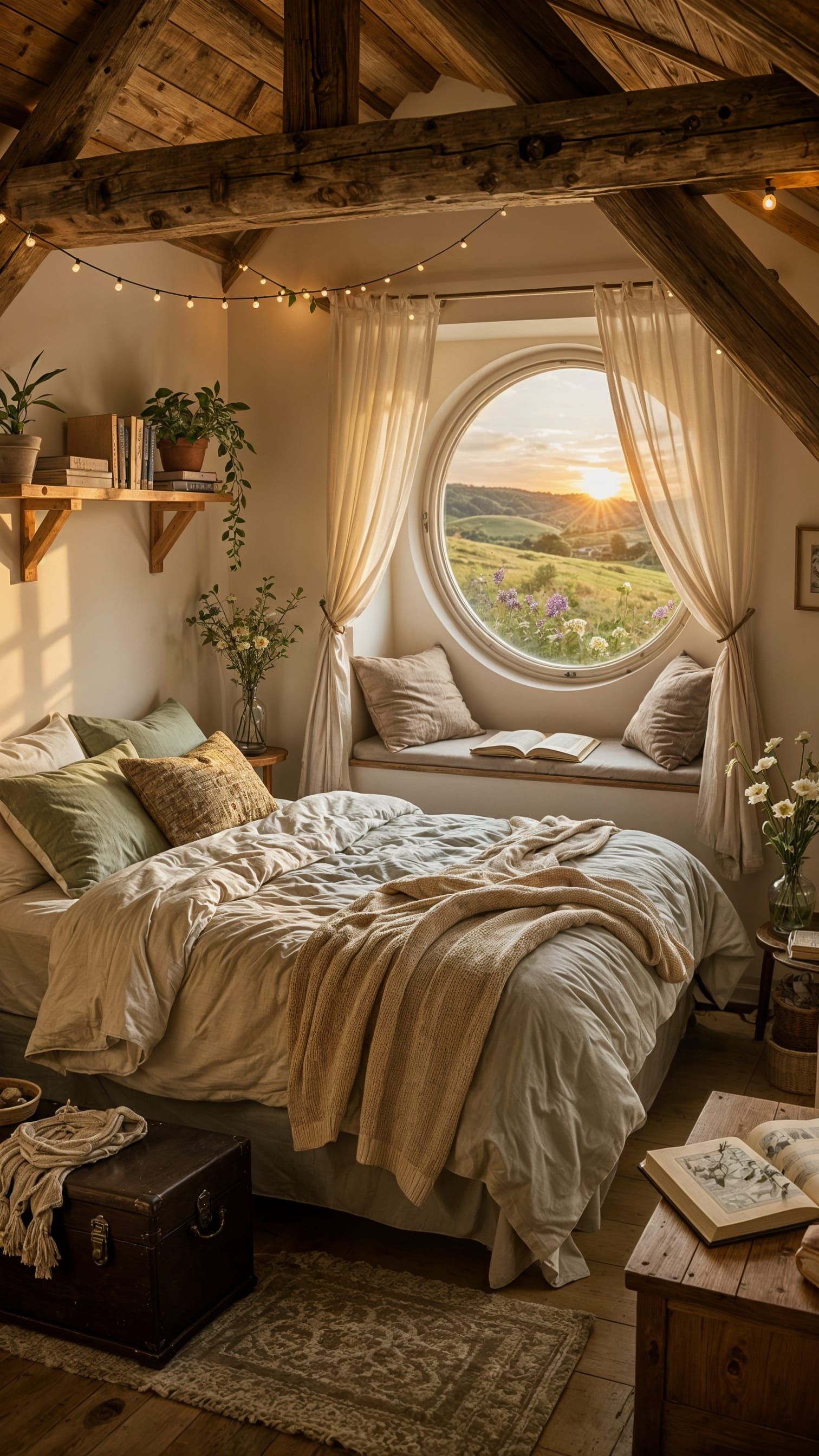 Cozy Attic Bedroom with Circular Window View
