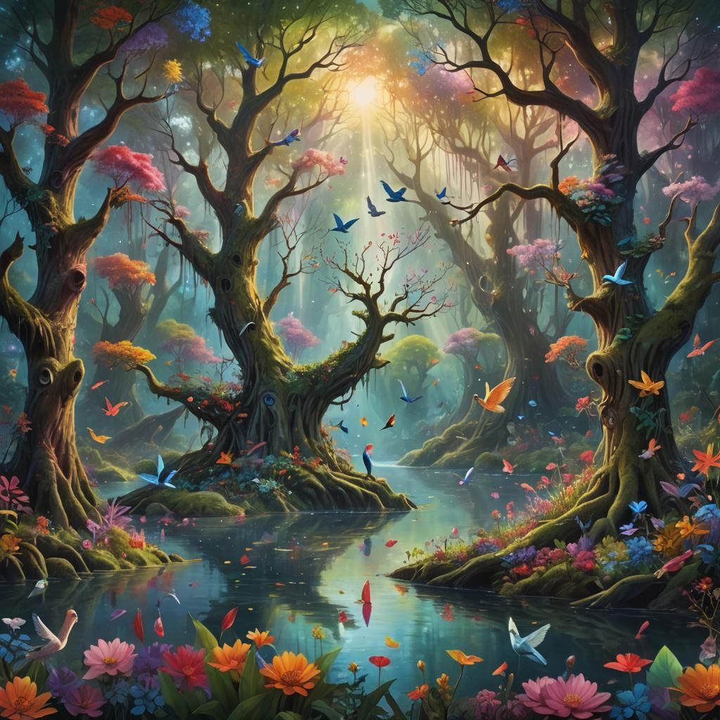 Surreal Fantasy Forest with Rainbow Leaves