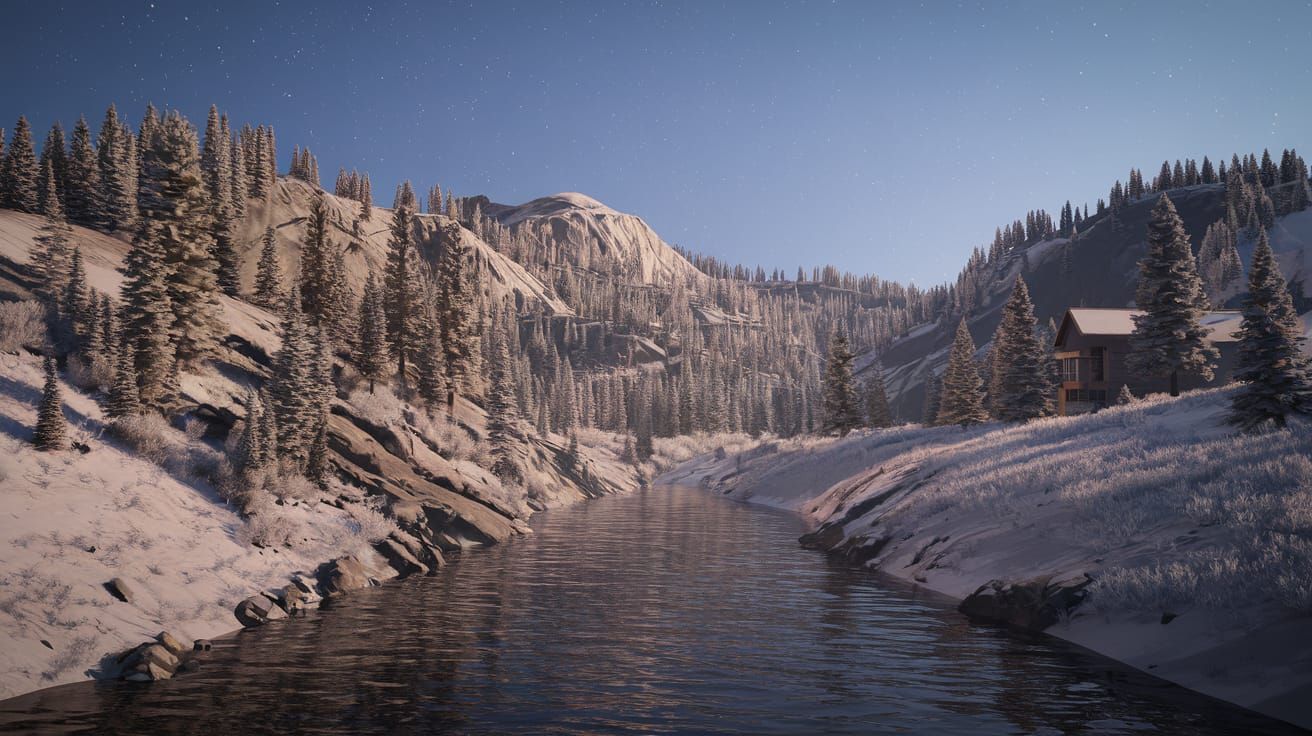 Winter Valley River at Night: 3D Render