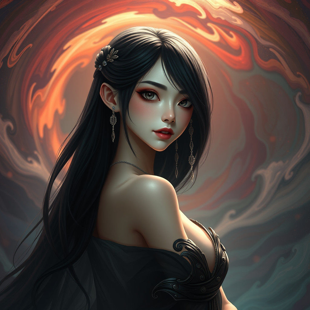 Ethereal Woman with Raven Hair in Digital Matte Painting