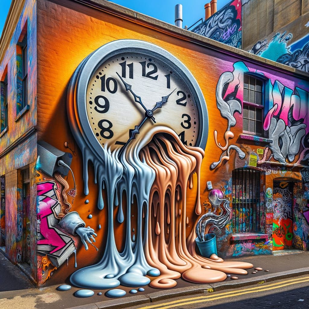 Melting Clock on Graffiti Wall: A Surreal Vision