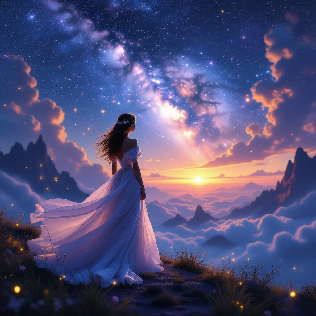 Girl Watches AI Create Photos in Cosmic Landscape