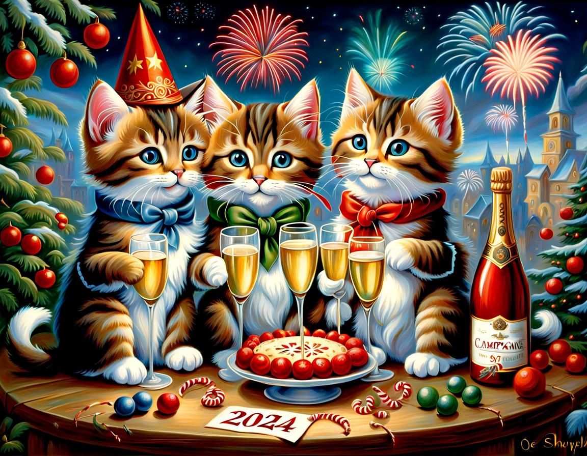 Kittens Celebrate New Year 2024 with Fireworks