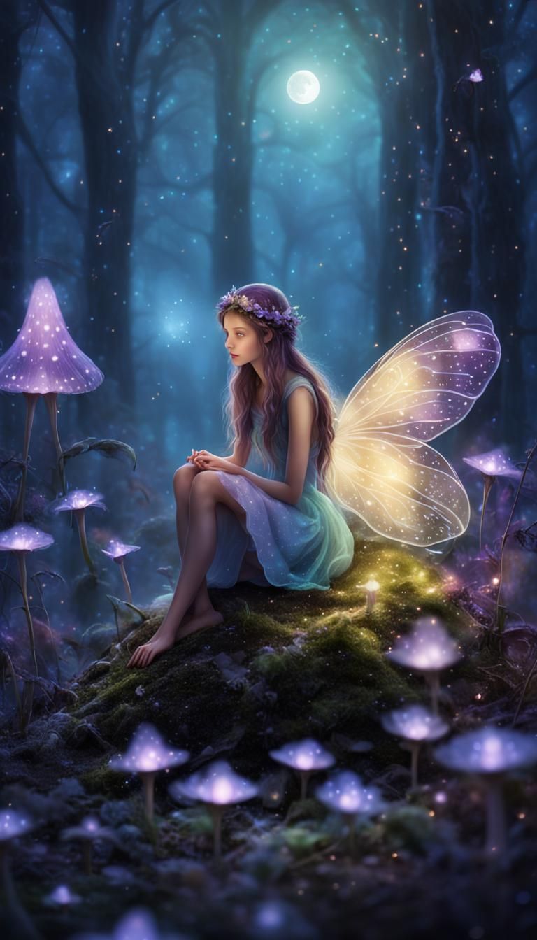 Fairy on Mushroom in Moonlit Forest