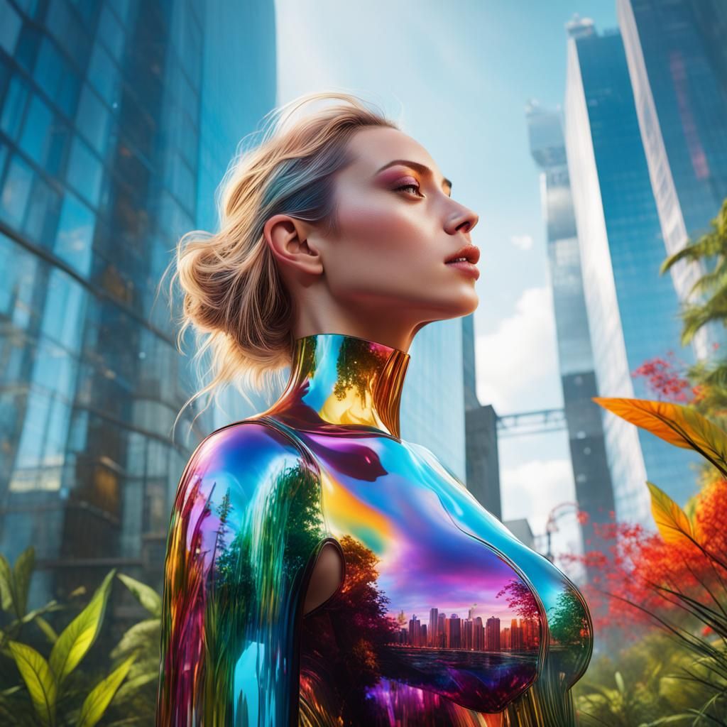 Utopian Woman in Hyperrealistic Glass City