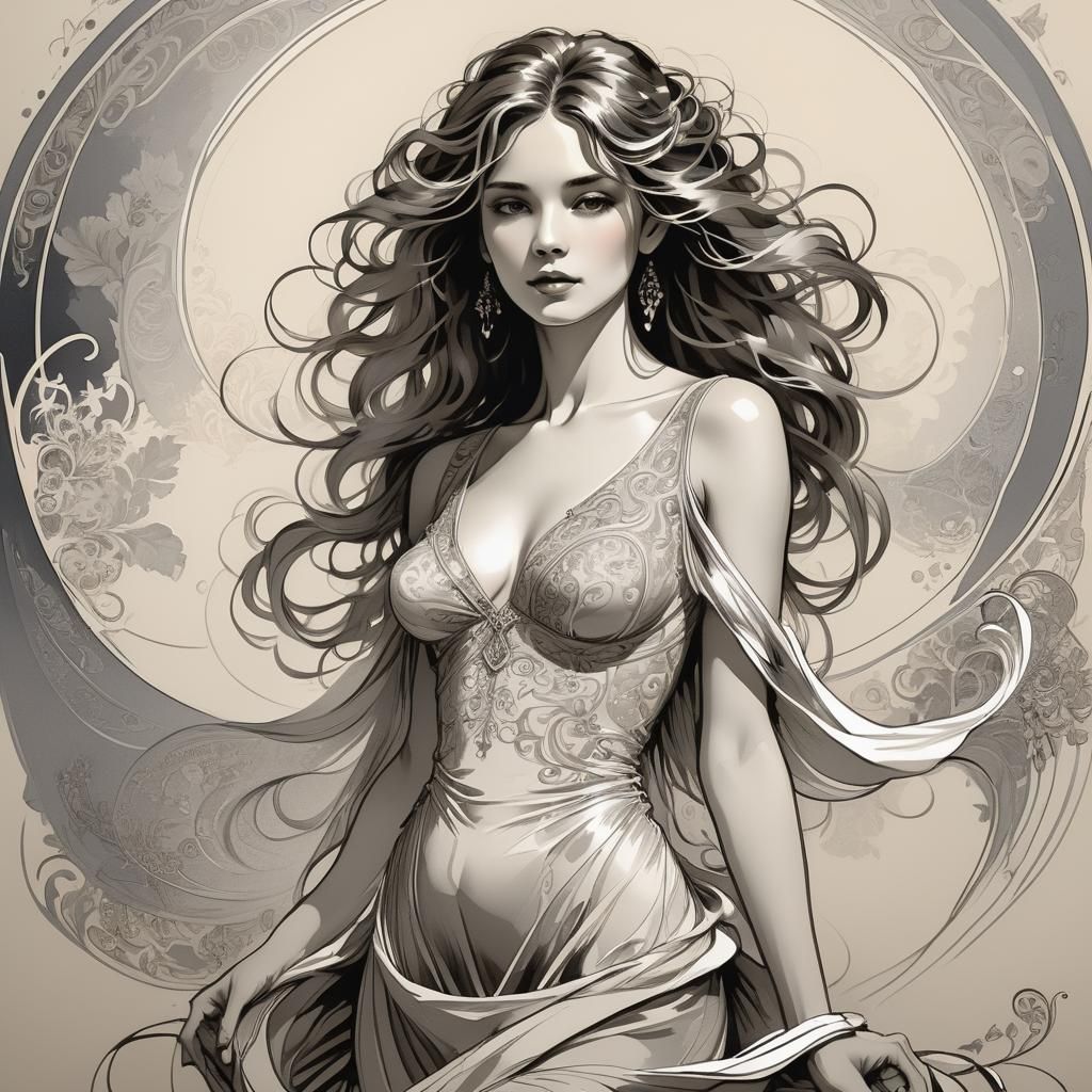 Elegant Woman in Pen and Ink Style