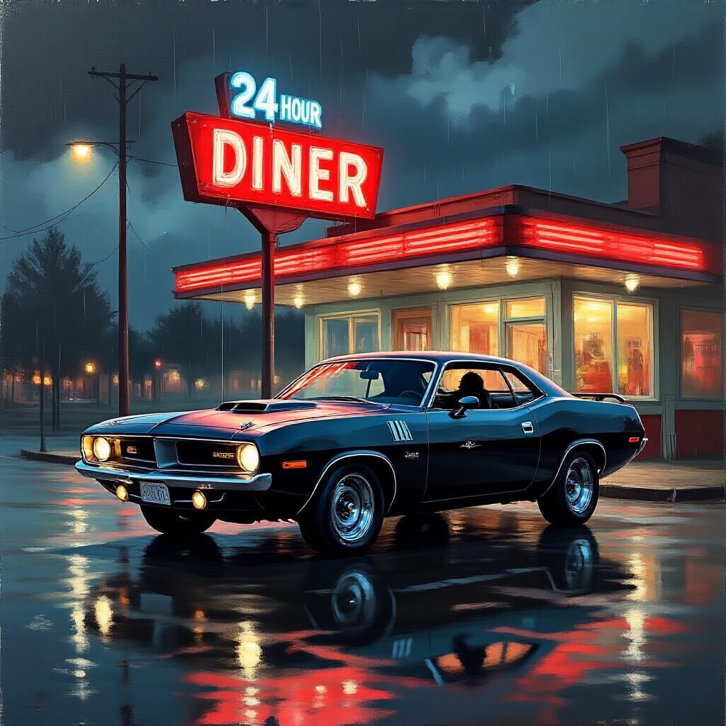 1970 Plymouth Barracuda Under Neon Diner Lights